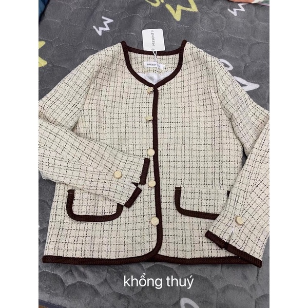 Áo dạ Tweed kẻ caro tiểu thư áo cardigan dạ dày dặn