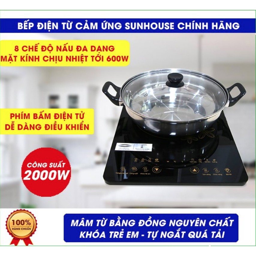 Bếp từ ăn lẩu- TẶNG KÈM NỒI- Bếp điện từ Sunhouse SH6147/6149/6800 8 chế độ nấu