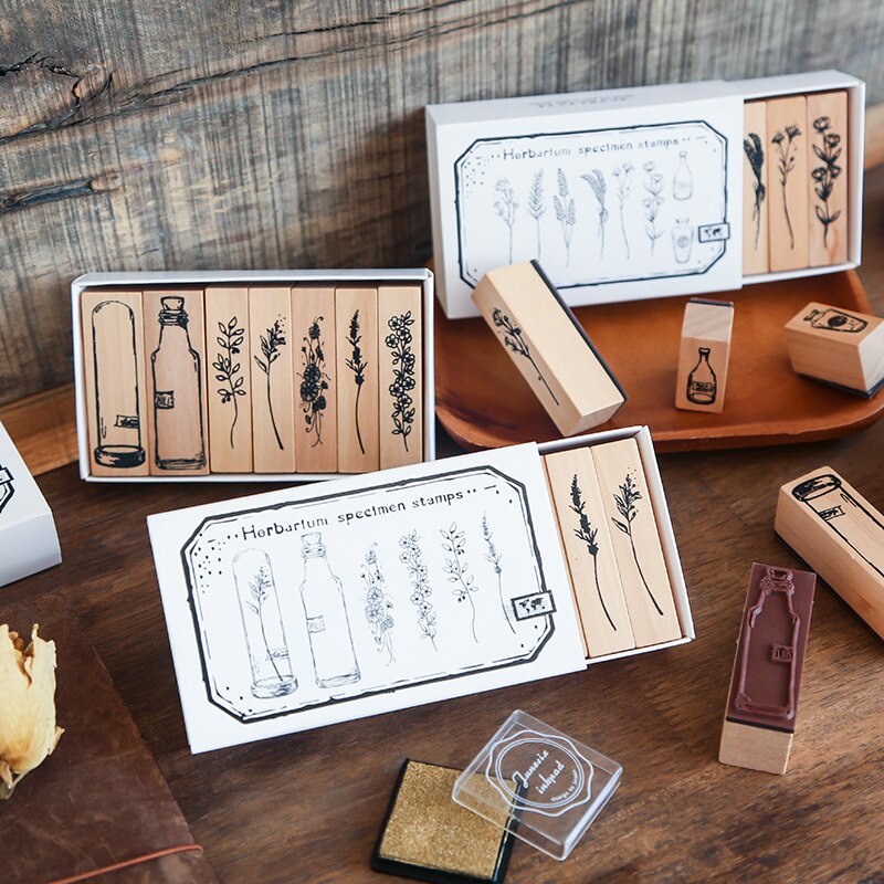 Set con dấu gỗ hình hoa và cây cối phong cách vintage dành cho trang trí sổ tay