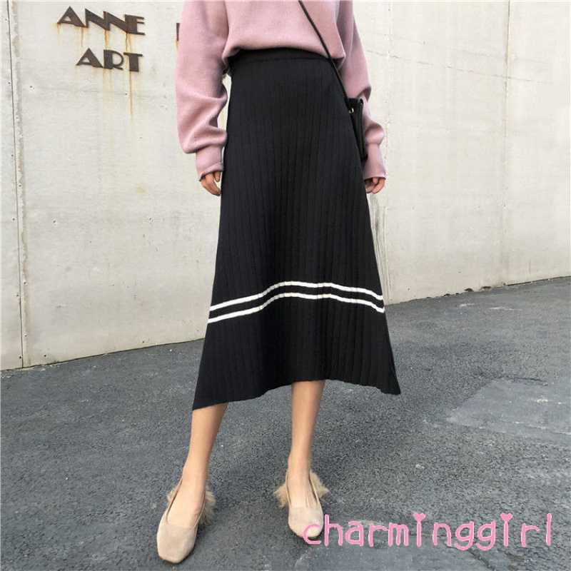 Chân váy midi dệt kim lưng cao màu sắc tương phản thời trang cho nữ