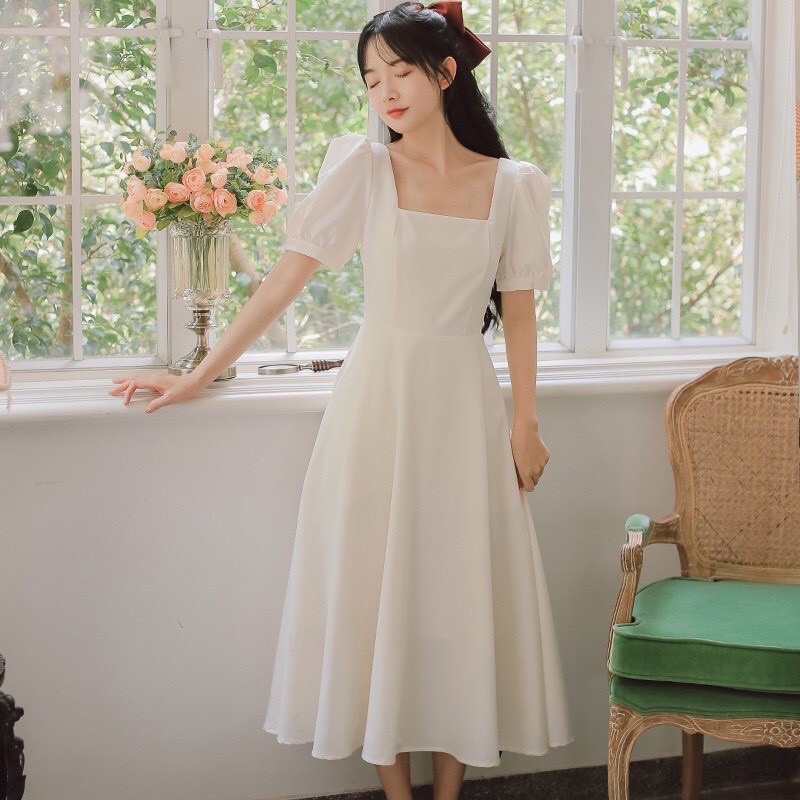 Đầm bầu dự tiệc váy bầu thiết kế dáng xòe cổ vuông màu đỏ đen Full size S/M/L