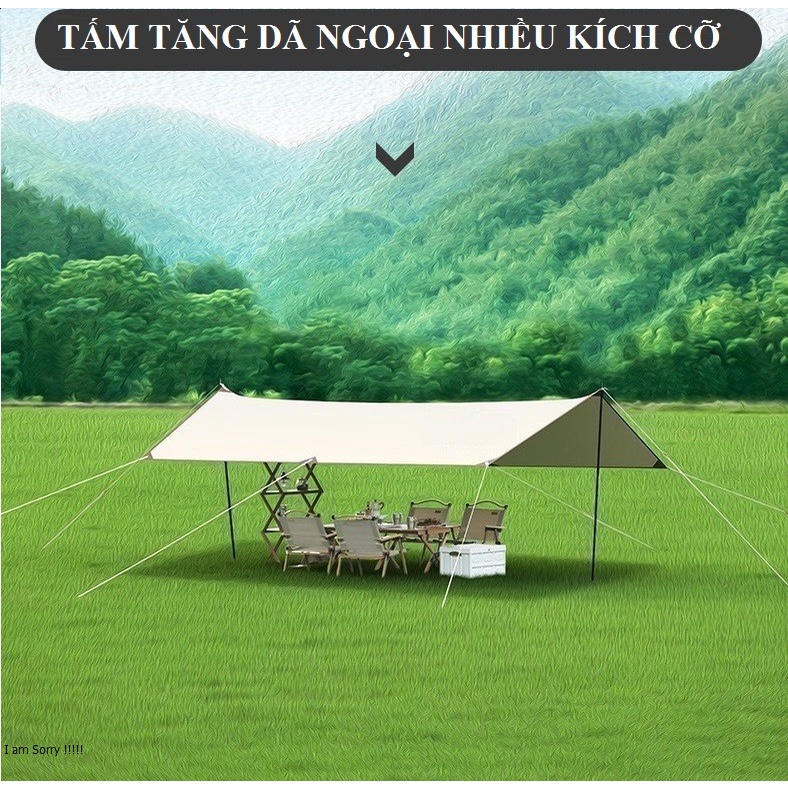 Tấm tăng/tarp lều tráng bạc chống UV kèm cọc chống, dễ dàng tùy biến với nhiều kiểu setup tiện cho chuyến đi dã ngoại
