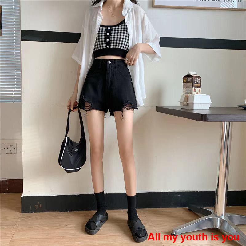 [Spot real shot 💕]quần soóc nữ   2021 new summer black ripped denim shorts for female students with high waist, loose, wide-leg, raw edge a-line hot pants trend