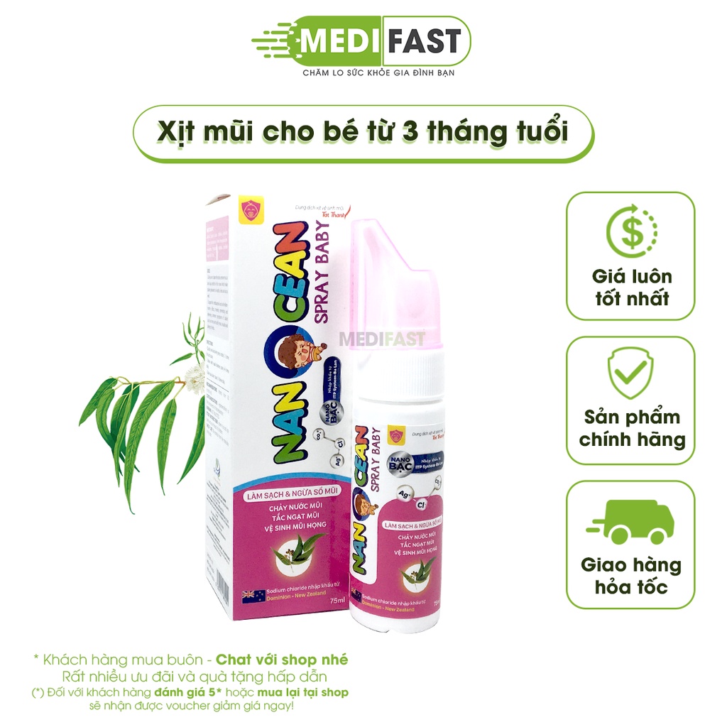 Xịt muối biển cho bé từ 3 tháng tuổi Nano Cean Spray Baby có thêm tinh dầu khuynh diệp và Nano bạc chai 75ml