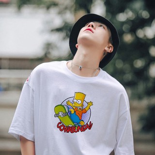 Áo thun tay lỡ BART trượt ván, áo phông unisex basic trắng
