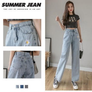 Quần jean nữ ống rộng dáng suông thêu hoa cúc cao cấp