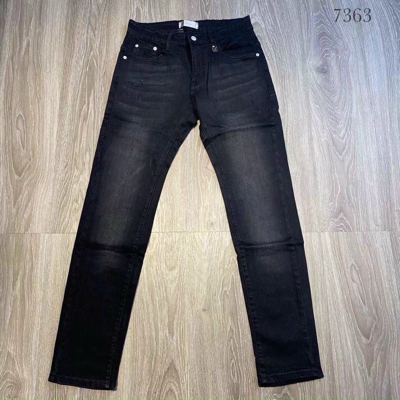 Quần bò nam đen rách vá gối da khoá zip ống côn chất co dãn SPF.