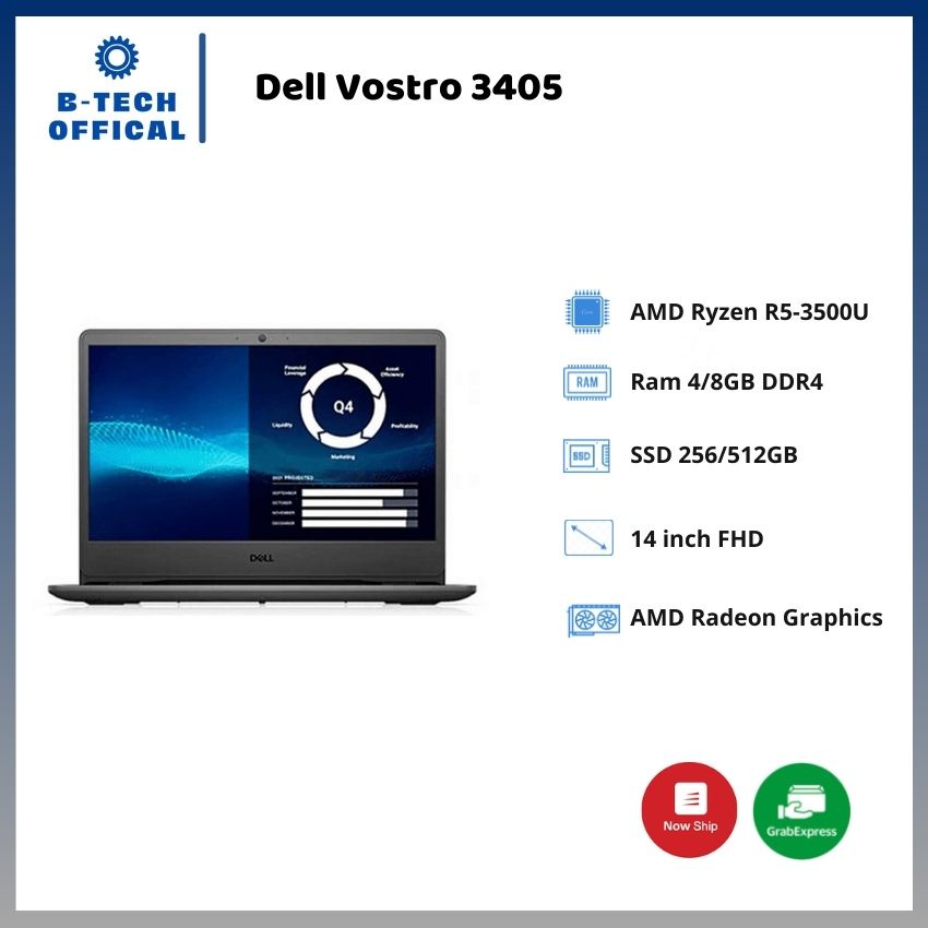 Laptop Dell Vostro 3405 (V4R53500U001W)/ Black/ AMD Ryzen R5-3500U (2.10GHz, 4MB)/ Ram 4GB DDR4/ SSD 256GB