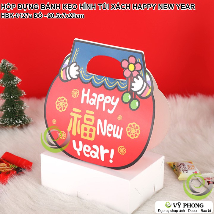 HỘP GIẤY ĐỰNG BÁNH KẸO QUÀ TẾT TRUNG THU NĂM MỚI HÌNH CHIẾC TÚI XÁCH HAPPY NEW YEAR HBK-0127