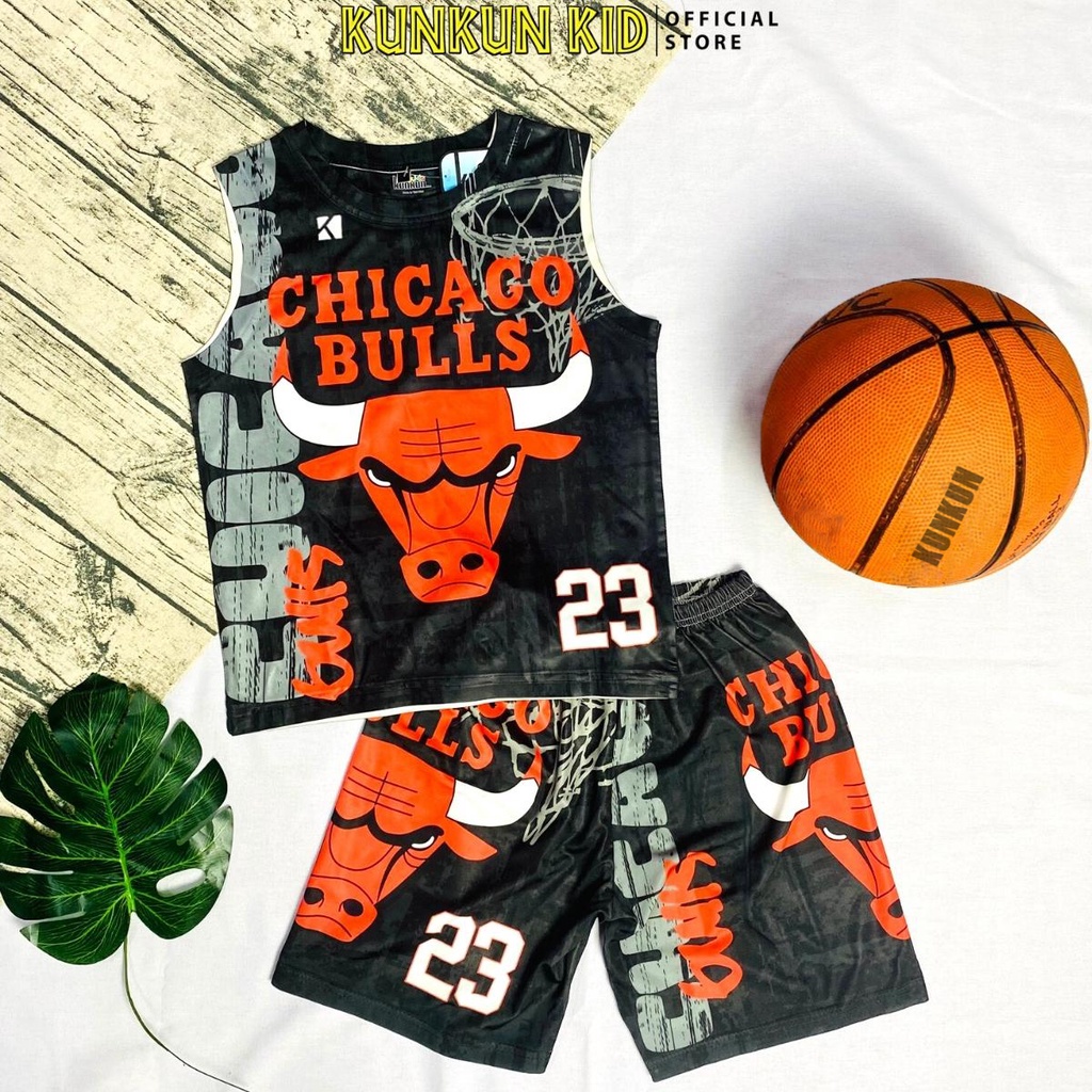 Quần áo bé trai chất Thun lạnh Kunkun Kid BR005 thiết kế thể thao in hình đội tuyển Chicago Bulls size đại 10-60kg