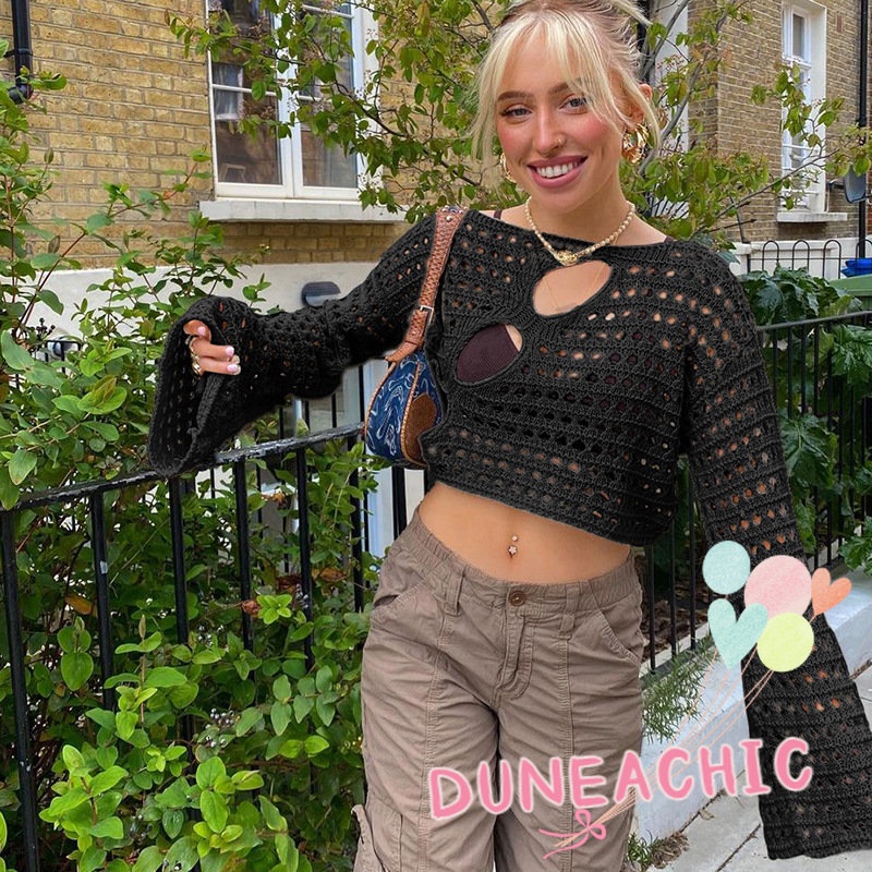 DUNEA Áo Dệt Kim Tay Dài Màu Trơn Phối Lưới Thời Trang Cho Nữ