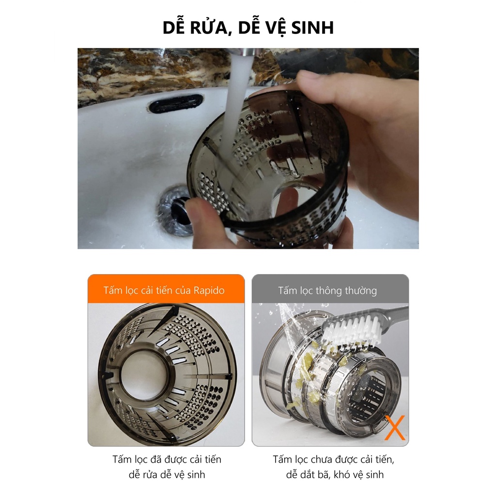 Máy ép chậm Máy ép rau củ quả mini Rapido RSJ120 công suất 120W công nghệ Đức - BH 1 năm toàn quốc