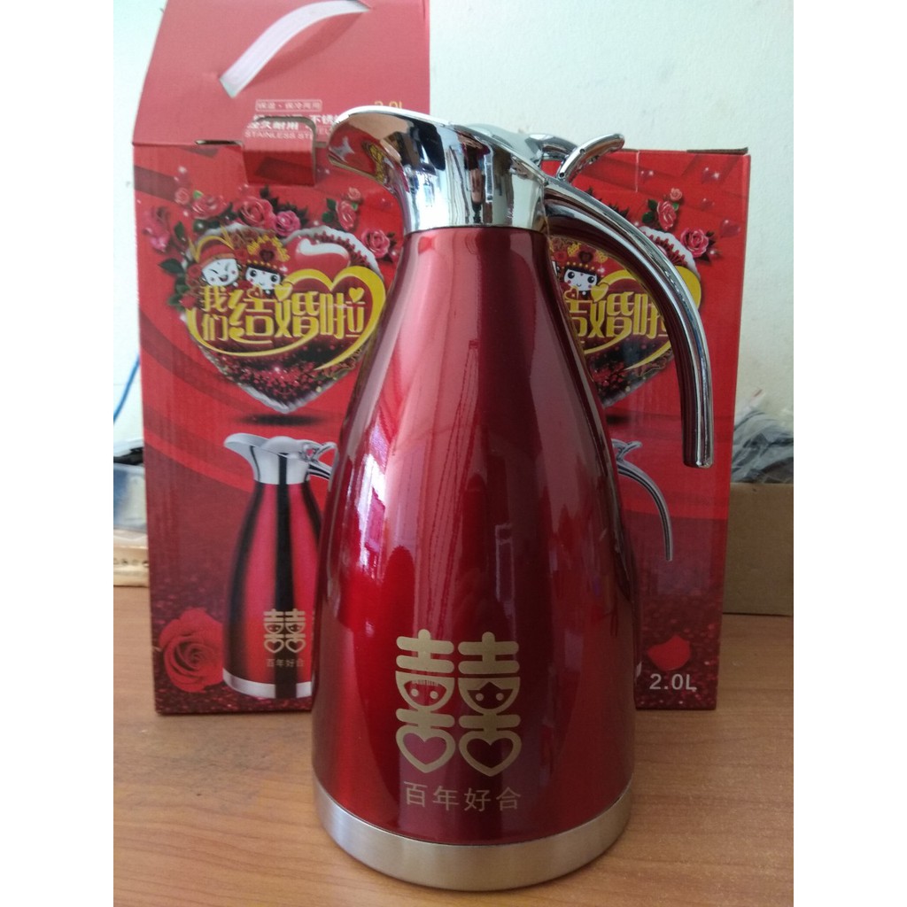 Bình Thủy Giữ Nhiệt Inox Cao Cấp 2L Màu Đỏ