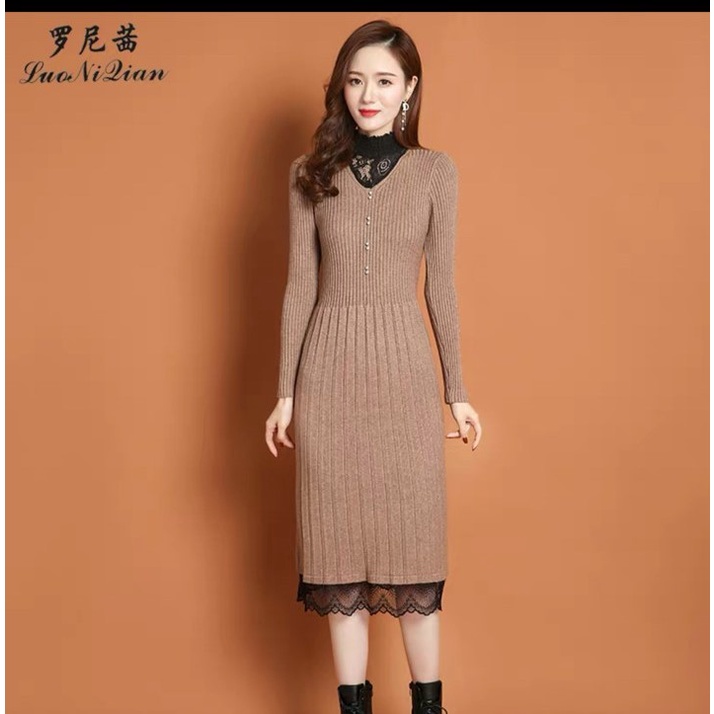 Váy len bầu mùa đông cổ tim dambauxinh-CDA1645 chất len dày dặn đẹp