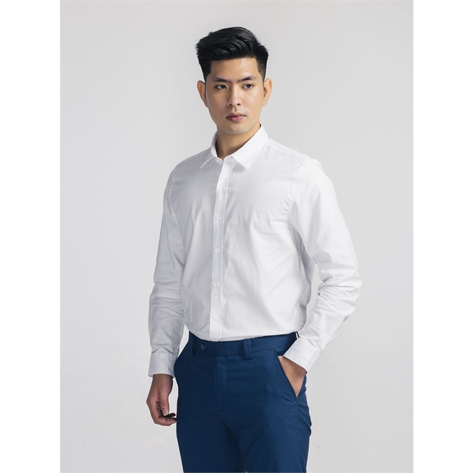 Áo sơ mi dài tay nam Aristino  trắng trơn , 100%cotton ,thấm hút, dáng rộng , không túi ALS52008