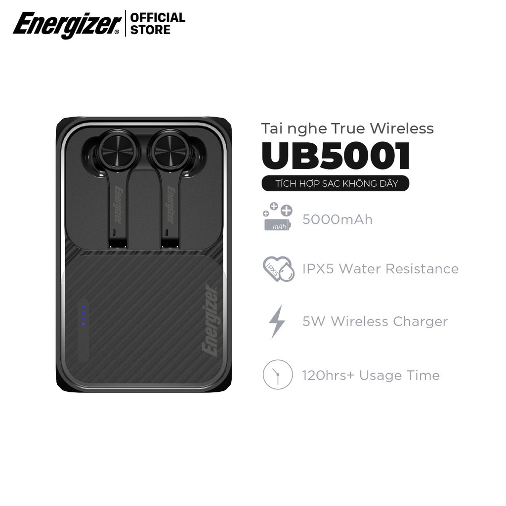 Tai nghe True Wireless Stereo Energizer UB5001, sạc dự phòng 5000mAh, bluetooth V5.0, kháng nước IPX5 - Hàng Chính Hãng