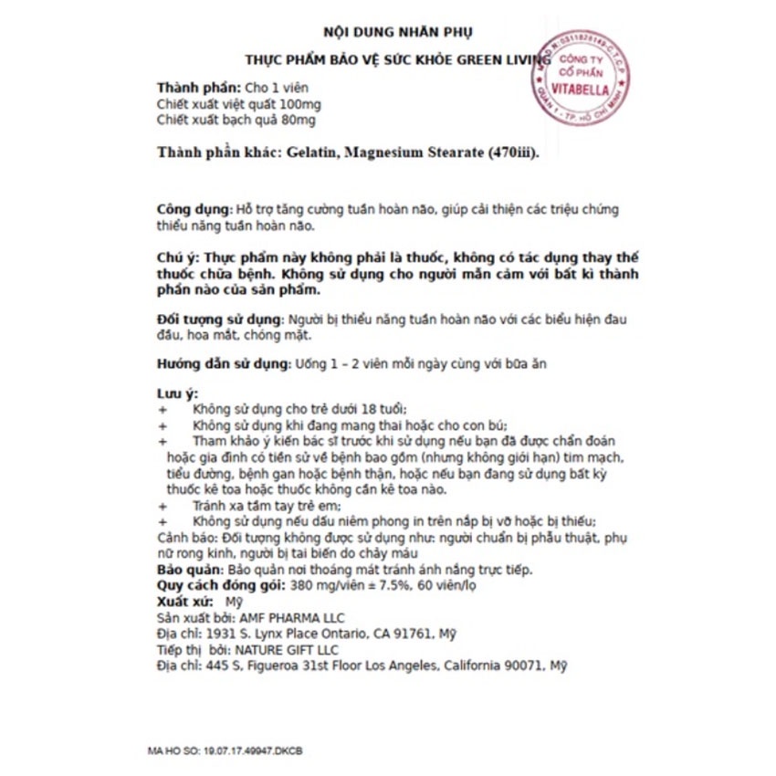 Viên Uống Tăng Cường Tuần Hoàn Não Nature Gift Green Living Hộp 60 Viên Giảm Hoa Mắt Chóng Mặt