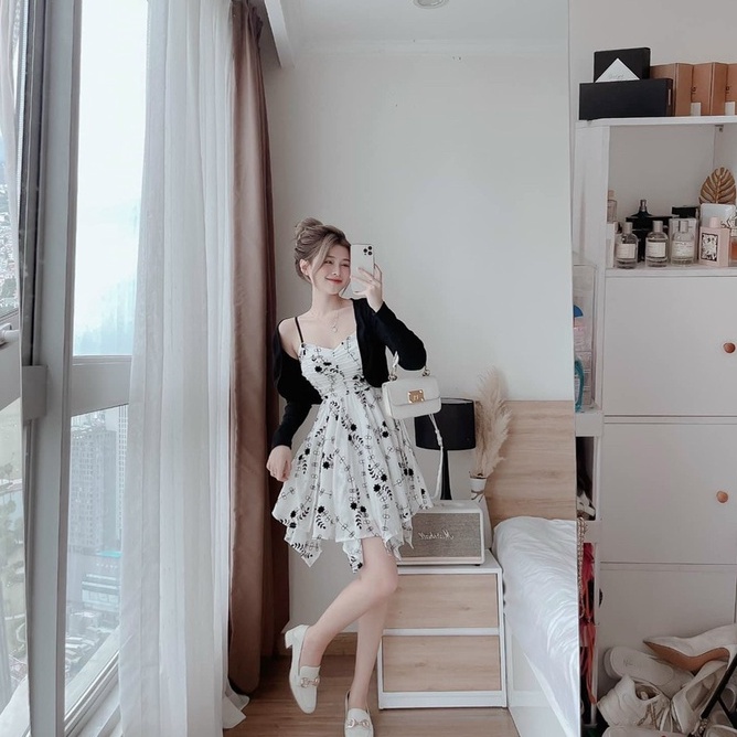 Set đầm váy nữ đầm hai dây hoa nhí kèm khoác cardigan cho nàng đi chơi dự tiệc phong cách retro