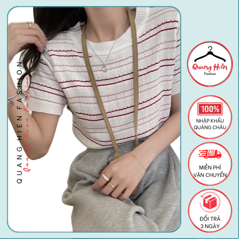 Áo len Quảng Châu kẻ ngang cổ tròn nữ tính freesize MS410