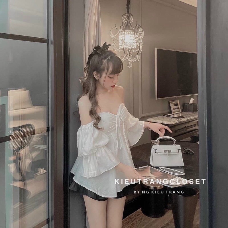 Mới áo đầm có mút ngực rút dây giữa trễ vai tay xoè