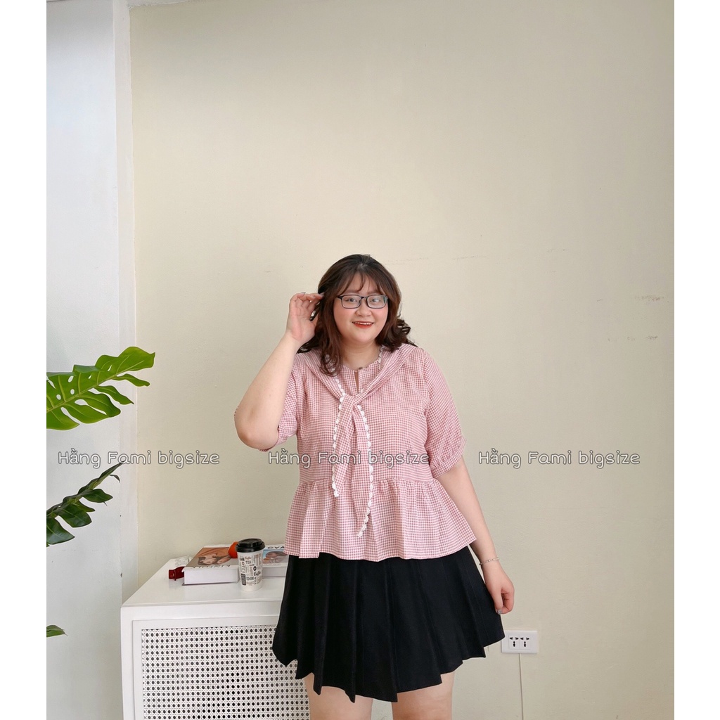 Áo babydoll bigsize kẻ caro cổ nơ buộc phối ren (size 60kg - 95kg ) (A373) [Hằng Fami bigsize]