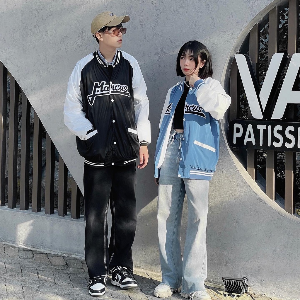 Áo Khoác Dù VARSITY MARCUS màu XANH/ĐEN  Nam nữ unisex  Áo Bomber vải dù 2 lớp form rộng Jaystoree2
