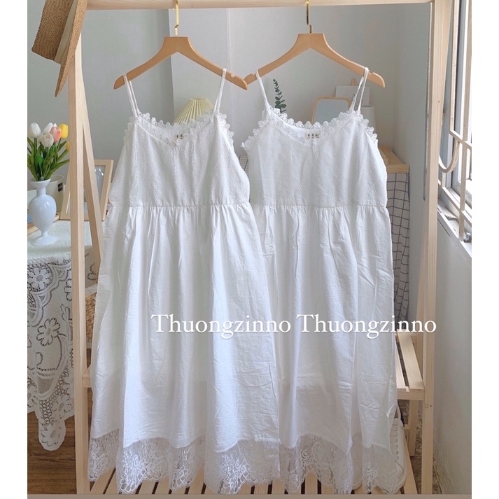 [Ảnh thật/Video]Váy hai dây New land Nàng Thơ vintage thêu hoa nhỏ Đầm hai dây dáng dài phối ren