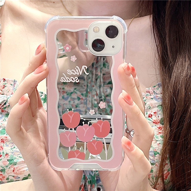 Ốp lưng iphone ốp Điện Thoại Hình Hoa Tulip Màu Hồng Tráng Gương Chống Sốc / Va Đập Cho iPhone 14 13 12 11 PROMAX XS XR XSMAX SE2020 6 7 8PLUS