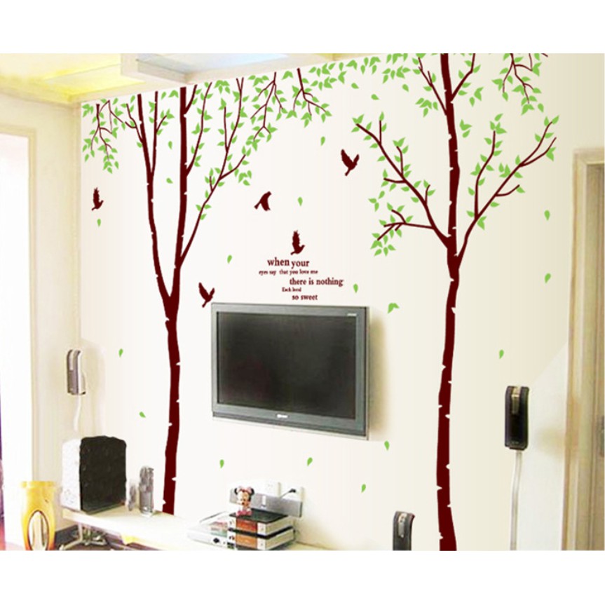 Decal trang trí tường - 2 Cây mỏng lá xanh nhí Chim Đen size lớn ( 3 tấm )