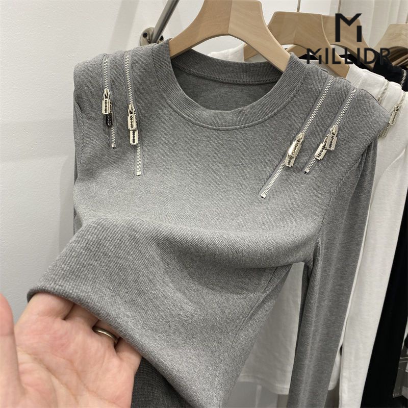 Áo Thun Nữ Cổ Tròn Dài Tay Có Dây Kéo
