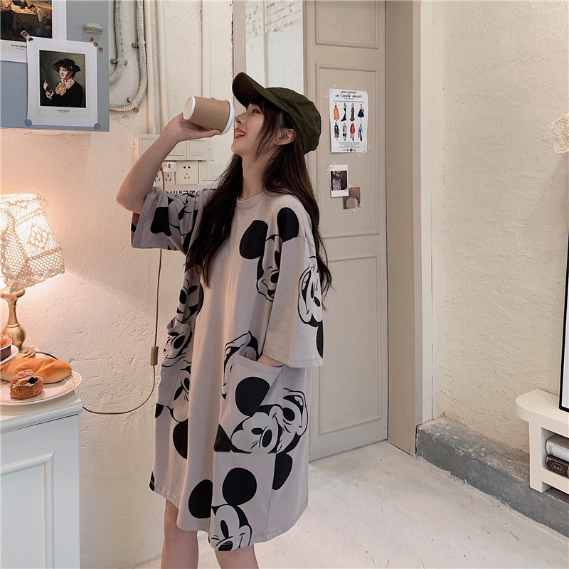 Đầm thun tay ngắn cổ tròn dáng rộng in họa tiết chuột Mickey thời trang Hàn Quốc trẻ trung cho nữ