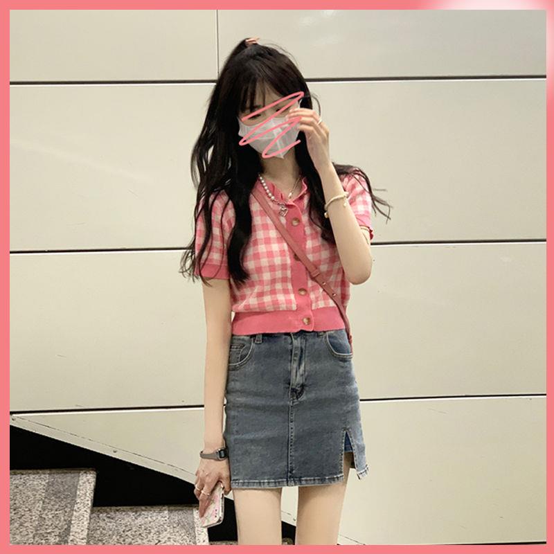 áo khoác croptop nữ bigsize cardigan croptop áo croptop cổ lọ Áo Cardigan Ngắn Tay Họa Tiết Kẻ Sọc Màu Hồng Thời Trang Mùa Hè Ngọt Ngào Cho Nữ