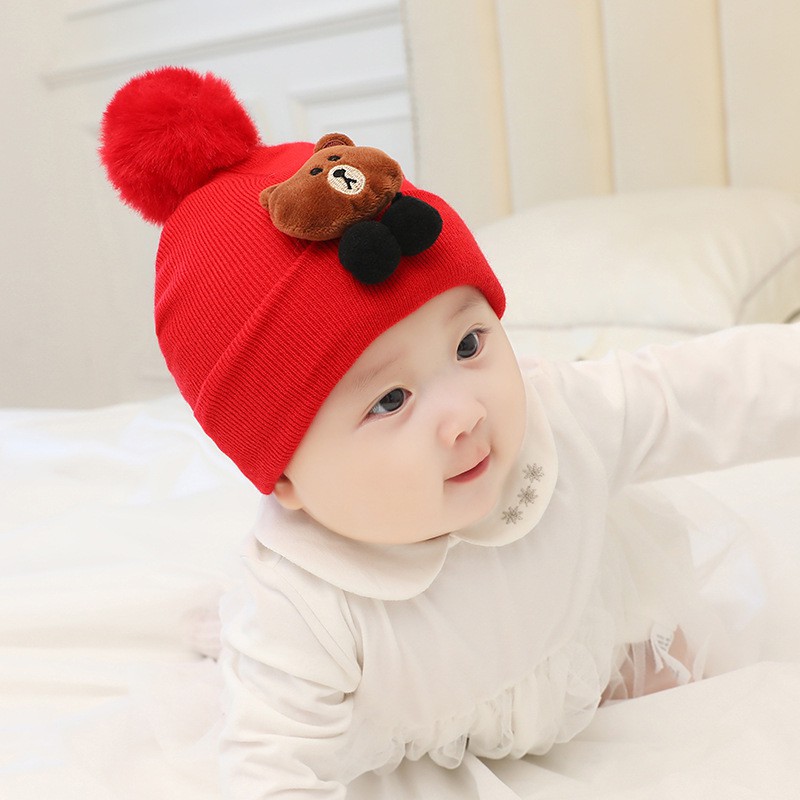 Mũ len mịn gấu pear siêu cute M011-đỏ cho bé trai gái 6m-24m hàng QC L1