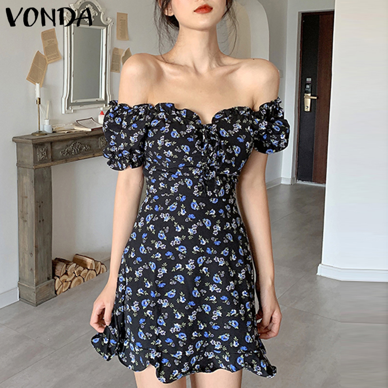 Đầm Mini VONDA In Hoa Phối Bèo Cổ Vuông Ngắn Tay Phong Cách Hàn Quốc Thời Trang Mùa Hè Cho Nữ