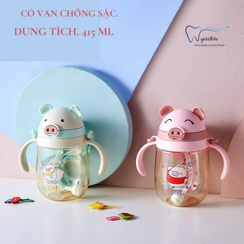 Bình tập uống nước cho bé ống hút có van chống sặc cho bé tập hút an toàn thể tích 415ml hình heo dễ thương