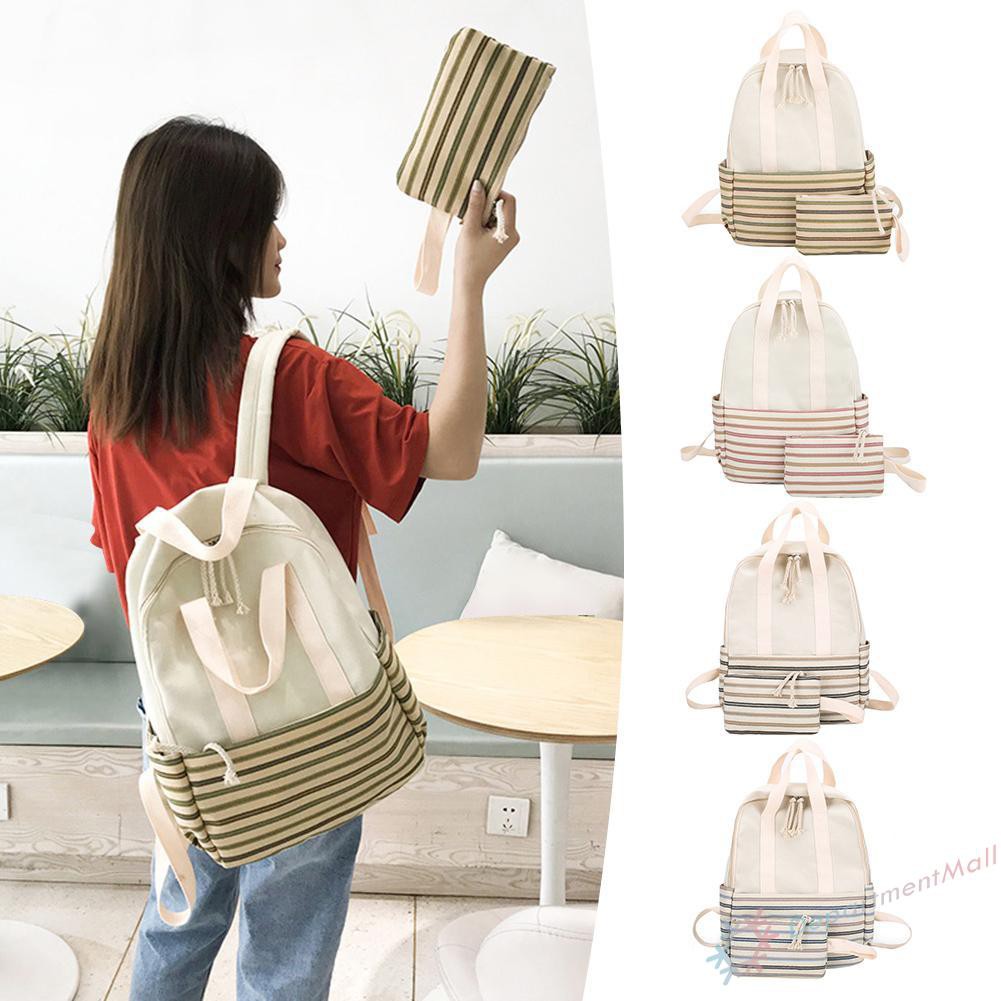 Set 2 Ba Lô Túi Ví Canvas Họa Tiết Kẻ Sọc Thời Trang Cho Nữ