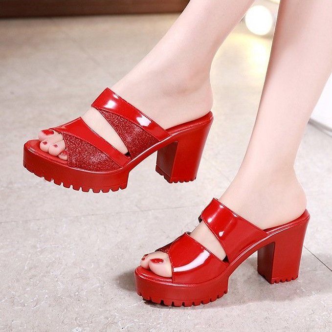 Dép cao gót 2 quai phối màu cao cấp