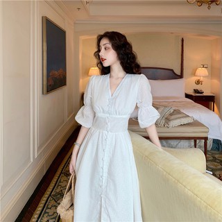 ORDER Váy trắng tiểu thư vintage cổ chữ V
