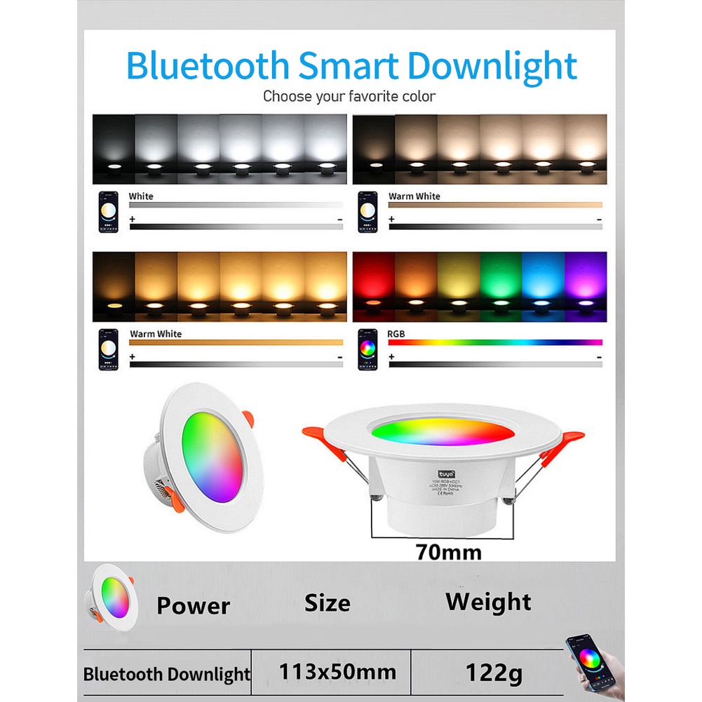 Aubess Tuya Ứng Dụng Đèn Âm Trần Wifi Bluetooth Bóng Đèn Thông Minh Rgb+cw+ww Tự Động Đổi Màu Nhịp Điệu Âm Nhạc Ánh Sáng 16 Chế Độ