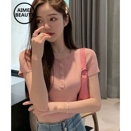 Áo Croptop Dệt Kim Ngắn Tay Cổ Tròn Xinh Xắn Dành Cho Nữ