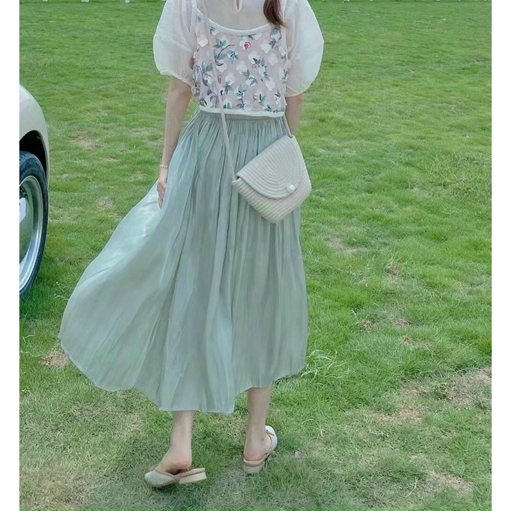 Chân váy voan lụa tơ óng xoè dáng dài midi hàng quảng châu