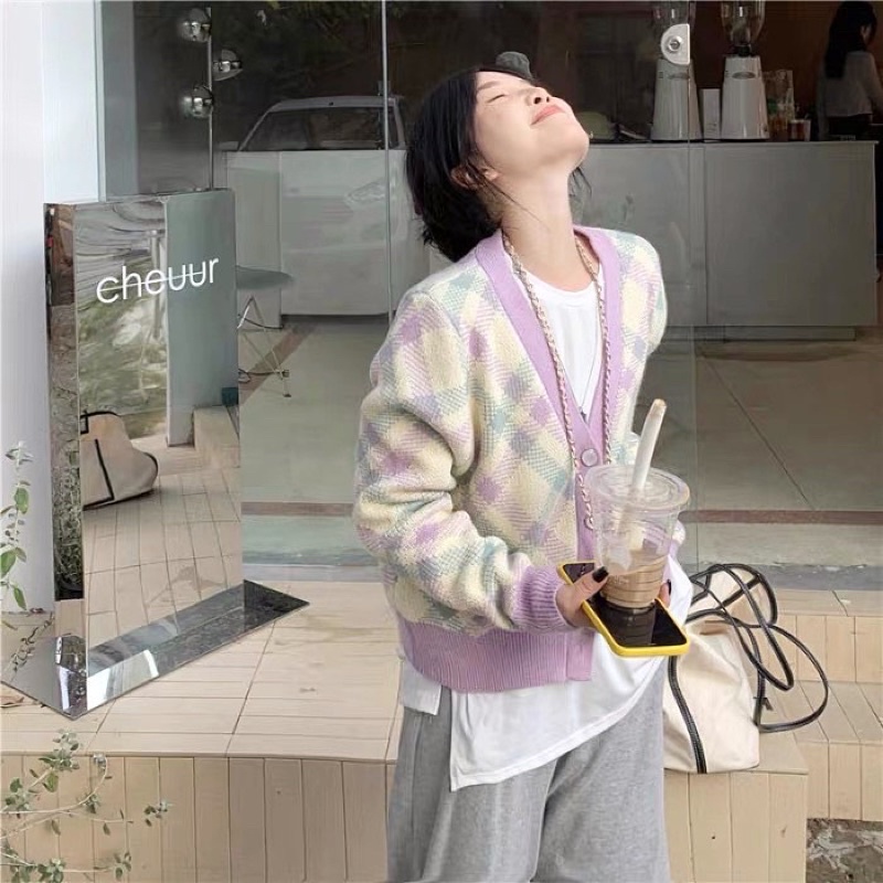 Áo khoác len cảdigan kẻ màu tím chất dày dặn trẻ trung ngọt ngào ulzzang Hàn Quốc