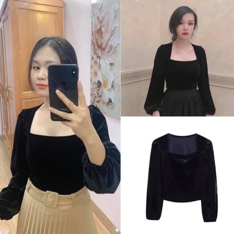 [ẢNH THẬT]ÁO NHUNG CỔ VUÔNG QC