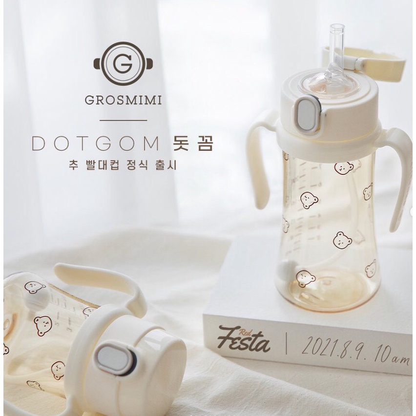 BÌNH HÚT GROSMIMI HỌA TIẾT DOTGOM, CHERRY, OLIVE size 200ml - 300ml; có kèm tay cầm [Tặng cọ rửa ống hút]