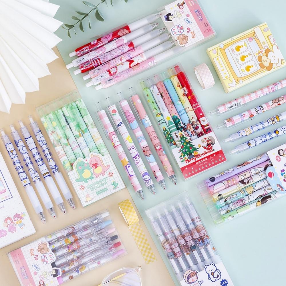Set 6 Bút Gel bấm hoạt hình ngộ nghĩnh Mực đen 0,5 Pison Hộp bút bi nước mực gel cute văn phòng phẩm