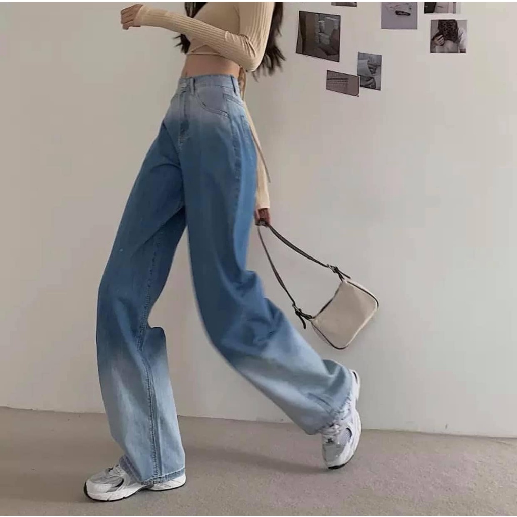 Quần jean nữ ống rộng - Quần bò loang lưng cao ống đứng cạp cao ống suông cao cấp giá rẻ đẹp