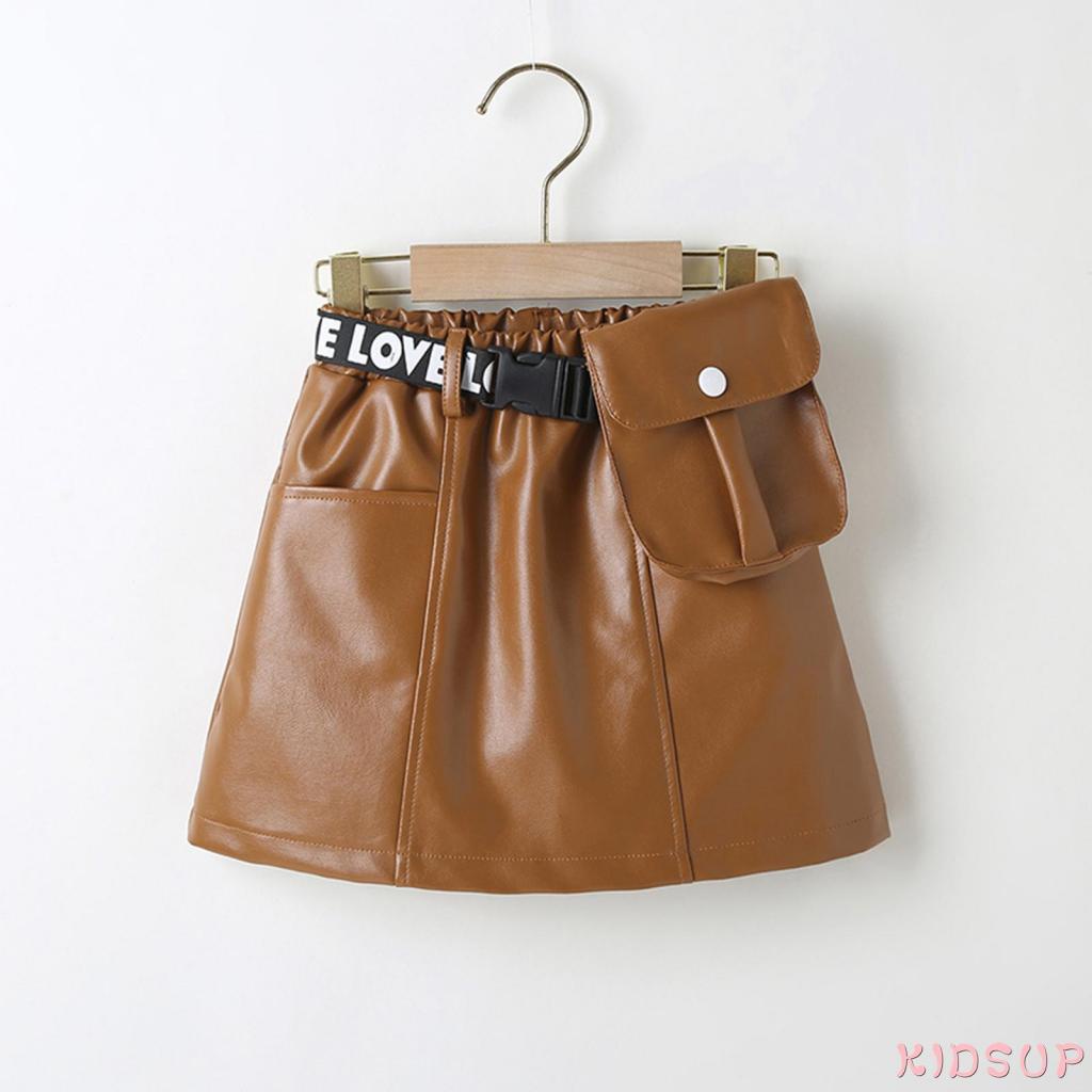 Chân Váy Ngắn Lưng Cao Bằng Da PU 1 Màu Trơn + Túi Đeo Hông Bằng Nhựa In Chữ Thời Trang Cho Bé Gái