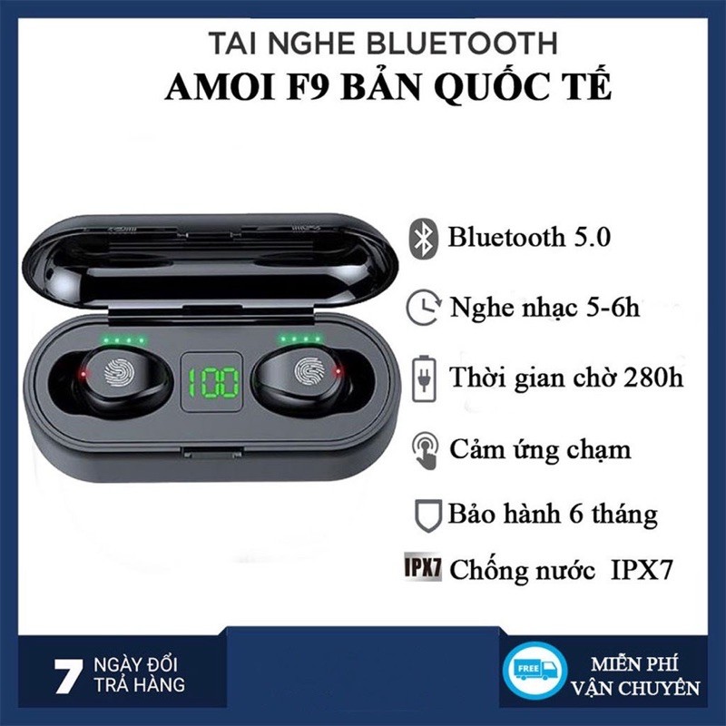 Tai Nge Không Dây Bluetooth 5.0 AMOI F9 - Nút Cảm Ứng, Âm Thanh Hay Pas Chuẩn - Đèn led Hiện Thị Pin Tai Nge