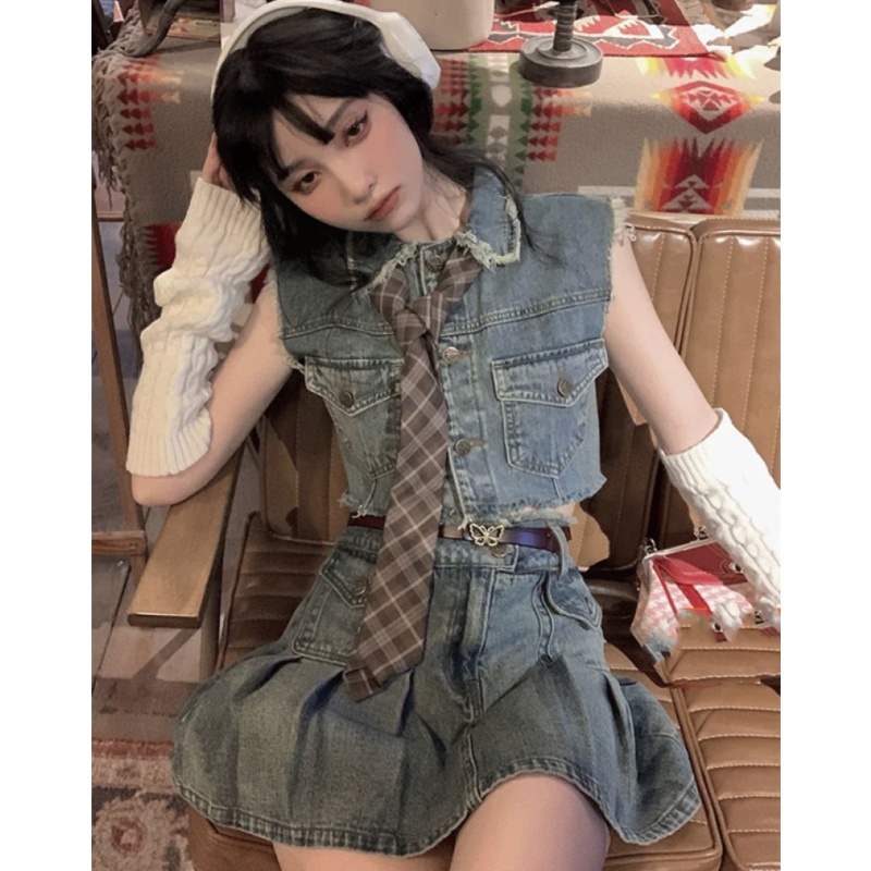 Set Áo Denim + Chân Váy Denim Lưng Cao Thời Trang Mùa Hè Dễ Phối Đồ Cho Nữ