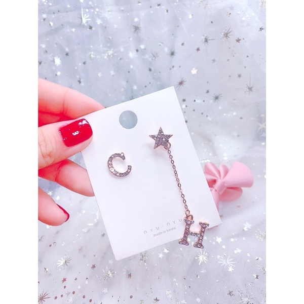 bông tai c h đối xứng sang chảnh, khuyên tai ngắn dài phong cách hàn quốc